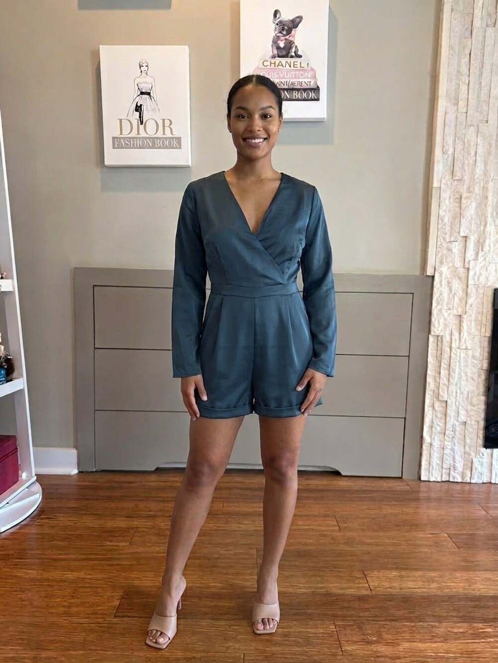 19 Cooper Long Sleeve V-Neck Satin Romper in Dark Teal